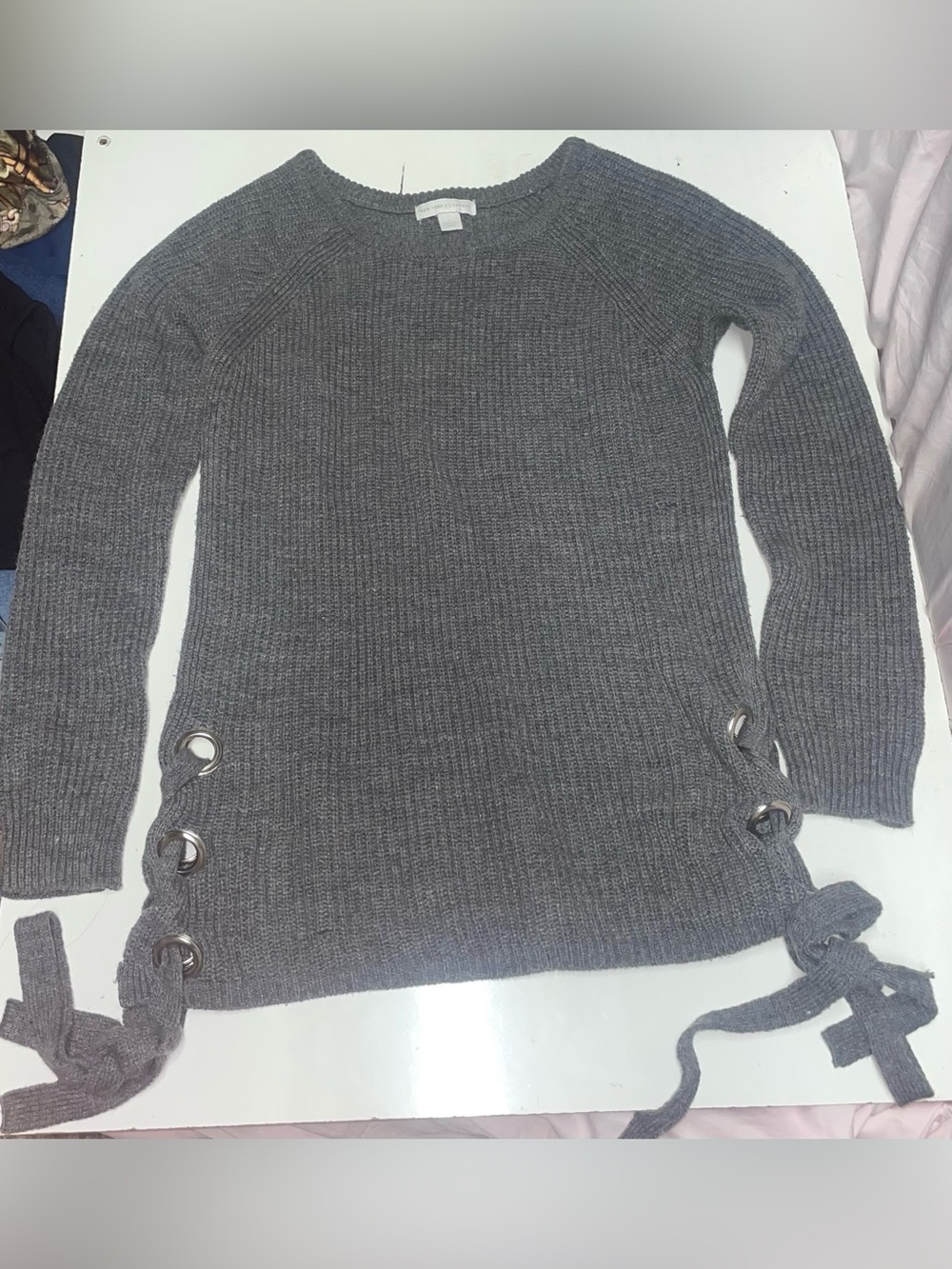 New York & Company Gray Crewneck Sweater with Lace-Up Side Ties